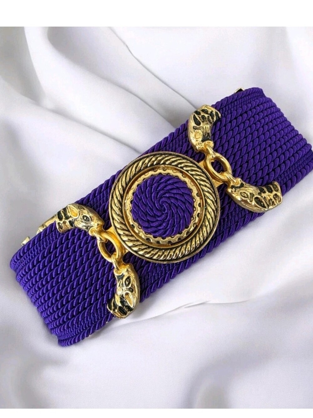 Vintage 80s Gutos Purple Woven Belt Leather Backing Panther Faux Buckle Austria